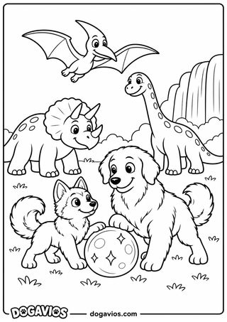 Filhote de husky e golden retriever brincam com bolinha estrelada no gramado, com triceratops, braquiossauro e pterossauro ao fundo
