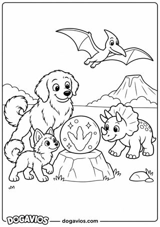 Husky e golden retriever olham bolinha com pegada sobre uma pedra, triceratops chegando, pterossauro voando e vulcão ao longe