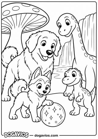 Filhote de husky segura bolinha perto de filhote de dinossauro, golden observa e dinossauro de pescoço comprido abaixa a cabeça