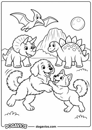 Golden retriever e filhote de husky tocam as patinhas enquanto triceratops, braquiossauro e estegossauro olham e um pterossauro voa