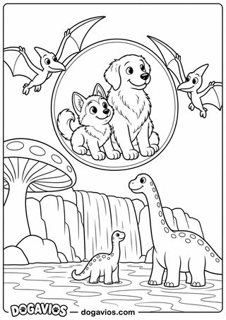 Husky e golden dentro de uma bolha no céu, com pterossauros ao lado e dinossauros de pescoço comprido no lago