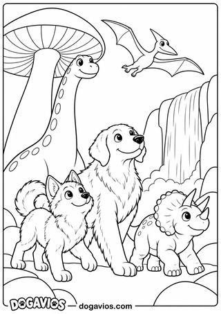 Husky e golden caminham ao lado de um triceratops filhote, com braquiossauro atrás, pterossauro no céu e cachoeira no vale
