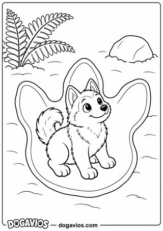 Filhote de husky sentado dentro de uma enorme pegada de dinossauro no chão de terra, com samambaias e uma pedra