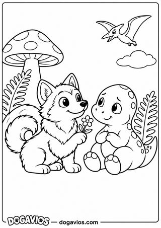 Filhote de husky entrega uma florzinha a um filhote de dinossauro sentado, com cogumelo gigante, samambaias e pterossauro voando