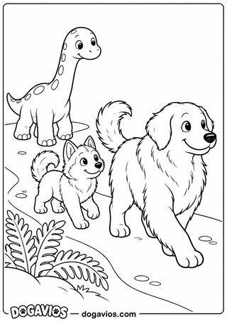 Golden retriever e filhote de husky caminham por uma trilha de pedrinhas com um dinossauro de pescoço comprido logo atrás