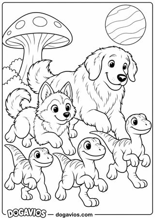 Filhote de husky e golden retriever correm junto com três filhotes de dinossauro, com planeta grande, cogumelo gigante e arbustos