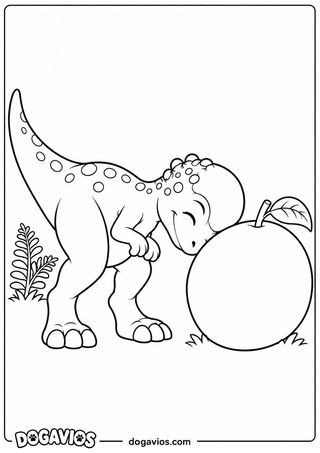Dinossauro de cabeça abaulada e corpo com pintas cheira uma fruta redonda gigante na grama, perto de samambaia