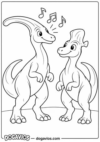Dois dinossauros de crista cantam em pé, frente a frente, com notas musicais no ar