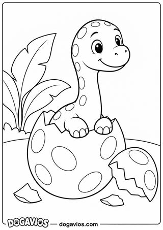 Filhote de dinossauro de pescoço comprido sai sorrindo de um ovo quebrado, com cascas no chão