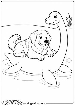 Golden retriever deitado nas costas de um dinossauro de pescoço comprido com nadadeiras, nadando no lago com juncos na margem