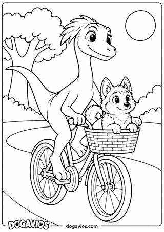 Velociraptor pedalando bicicleta pela estrada do parque com filhote de husky na cesta de vime, árvore, sol e arbustos