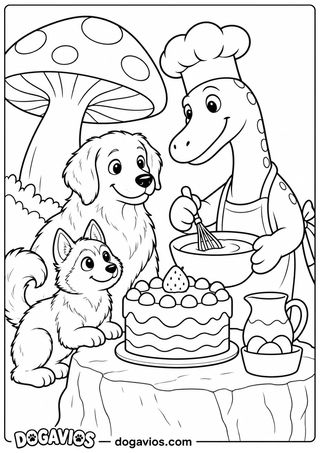 Dinossauro de pescoço comprido com chapéu de chef bate massa ao lado de um bolo, com husky e golden