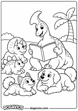 Dinossauro de crista lê um livro para filhotes de triceratops e estegossauro e para a husky e o golden