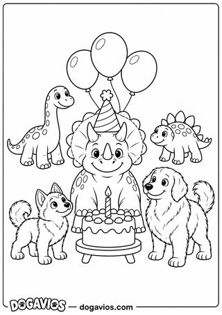 Triceratops de chapéu de festa atrás de bolo com vela, com balões, dois dinossauros, husky e golden