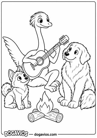 Dinossauro de pescoço comprido sentado toca violão perto de uma fogueira de toras enquanto a husky e o golden escutam
