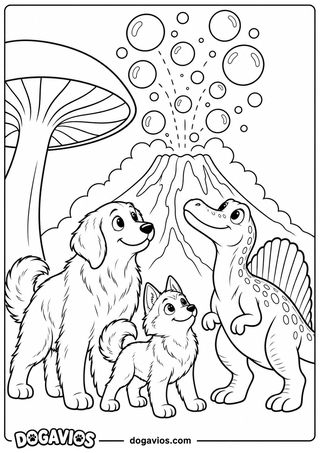 Husky e golden olham um espinossauro ao pé de um vulcão que solta bolhas de sabão
