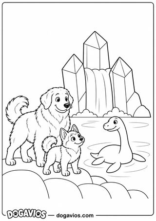 Husky e golden na margem olham um dinossauro nadando num lago com cachoeira, cercado de cristais pontudos gigantes e pedras