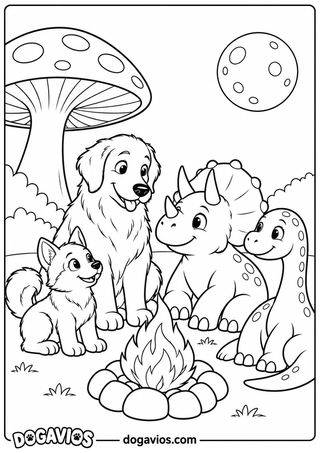 Husky, golden, triceratops e braquiossauro sentados em volta de uma fogueira com pedras numa clareira à noite, com lua cheia