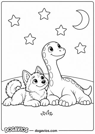 Filhote de husky deitado ao lado de um dinossauro de pescoço comprido olhando estrelas e lua crescente