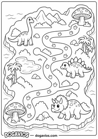 Mapa de ilha pré-histórica cercada de água com trilha de labirinto e pegadas ligando braquiossauro, estegossauro e triceratops