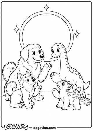 Golden e husky levantam a patinha para cumprimentar um dinossauro e um filhote, com lua cheia atrás