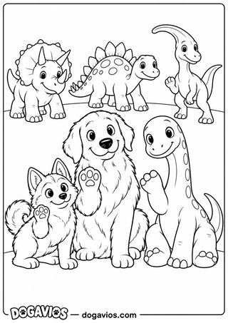Husky, golden e dinossauro de pescoço comprido acenam com a pata, com mais três dinossauros atrás