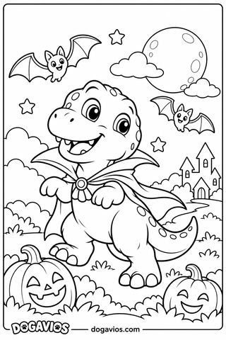 T-rex sonriente con capa de vampiro y broche camina bajo la luna llena con murciélagos y un castillo
