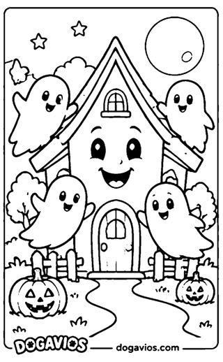 Casita con cara sonriente rodeada de cuatro fantasmitas, dos calabazas, árboles y luna llena