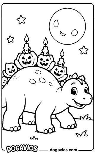 Estegosaurio con cinco calabazas con carita y velas en la espalda pasea bajo una luna con carita