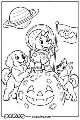 Tricerátops con casco de astronauta clava una bandera de murciélago en una luna con cara de calabaza