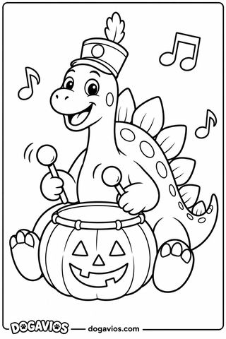 Estegosaurio con gorro de banda y pluma toca con dos baquetas un tambor de calabaza con carita