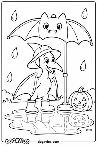 Pterosaurio con sombrero de lluvia y botas pisa un charco bajo un paraguas con forma de murciélago