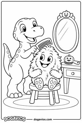 T-rex con peine arregla el pelo de un monstruito peludo y sonriente sentado frente a un espejo ovalado