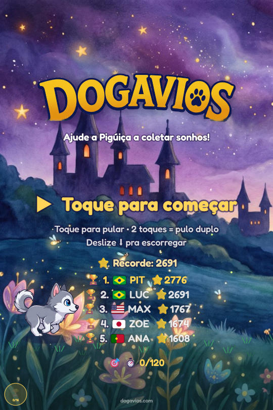 Jogo do Dogavios: a husky Pigúiça correndo no Jardim Mágico