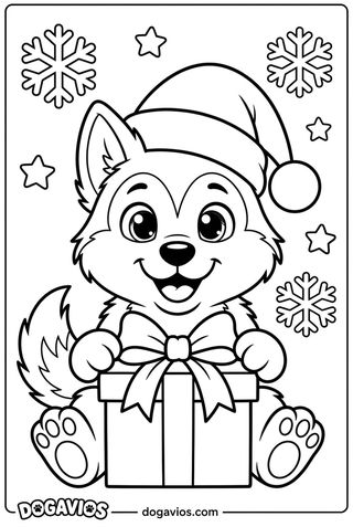 Pigúiça, chiot husky souriante, assise avec un bonnet de Père Noël et un cadeau, sous les flocons et les étoiles
