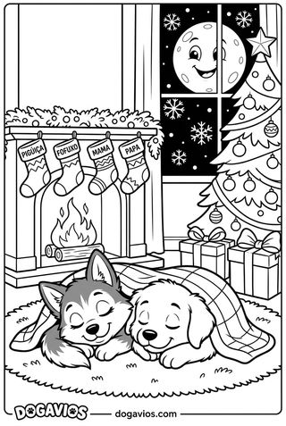 Pigúiça et Fofuxo dorment sous une couverture devant la cheminée, avec des chaussettes, un sapin décoré et la lune