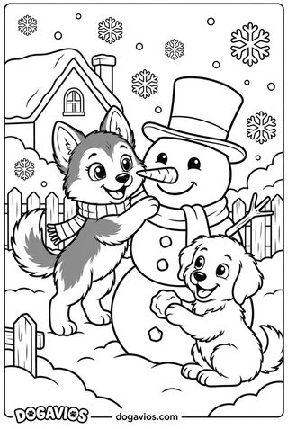 Pigúiça en écharpe construit un bonhomme de neige à nez de carotte et chapeau, dans un jardin enneigé