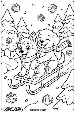 Pigúiça et Fofuxo descendent une colline enneigée sur une luge en bois, écharpes au vent, entre les sapins