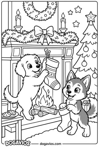 Fofuxo accroche des chaussettes de Noël devant une cheminée allumée, avec une guirlande, des bougies et un gros nœud