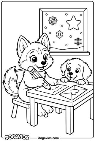 Pigúiça écrit une lettre au Père Noël avec un crayon sur son bureau, près d'une enveloppe et d'une bougie