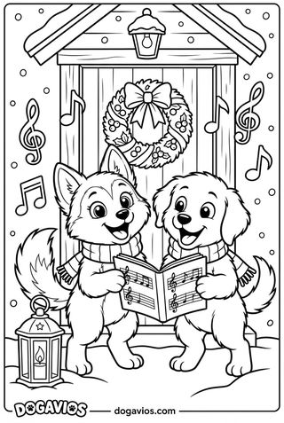 Pigúiça et Fofuxo chantent des chants de Noël devant une porte avec couronne et lanterne, sous la neige