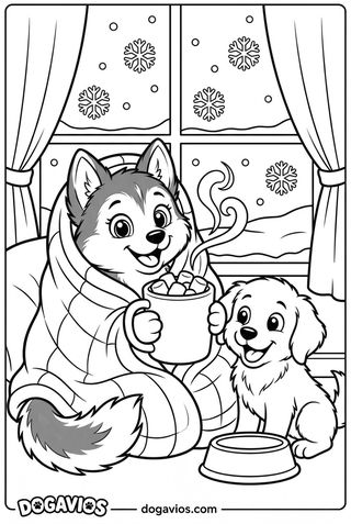 Pigúiça tient une tasse de chocolat chaud avec des guimauves devant une fenêtre pleine de flocons