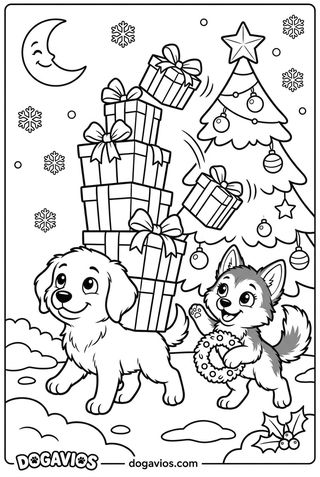 Fofuxo porte une haute pile de cadeaux avec rubans qui penche, devant un sapin de Noël décoré