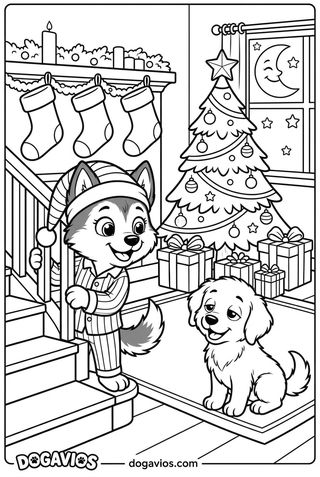 Pigúiça en pyjama guette depuis l'escalier l'arrivée du Père Noël, avec le sapin et les cadeaux en bas