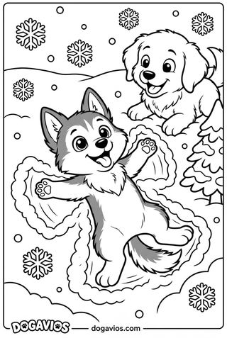 Pigúiça allongée dans la neige dessine un ange en agitant les pattes, avec des flocons et des gants