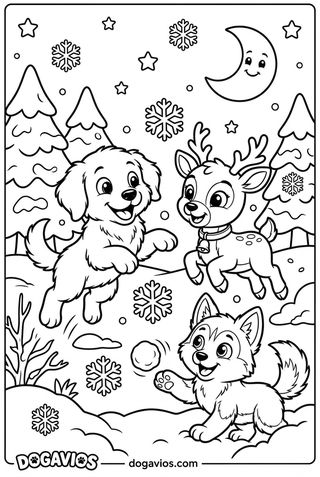 Fofuxo et un bébé renne jouent dans un champ de neige avec des sapins, des flocons et un grelot
