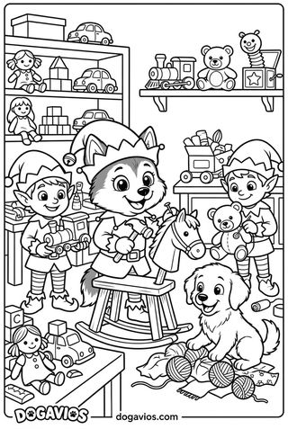 Pigúiça déguisée en lutin aide deux lutins à fabriquer des jouets dans l'atelier, devant des étagères pleines