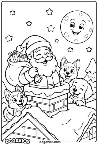 Le Père Noël descend par la cheminée d'un toit enneigé pendant que Pigúiça et Fofuxo l'observent sous la lune