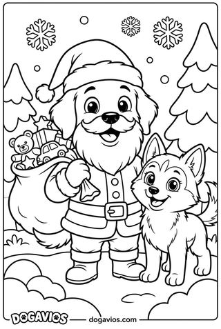 Fofuxo déguisé en Père Noël, avec barbe de coton, bonnet, ceinture et sac de cadeaux, sous les flocons