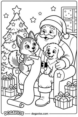 Pigúiça et Fofuxo assis sur les genoux du Père Noël dans un fauteuil, près d'un sapin et d'une liste